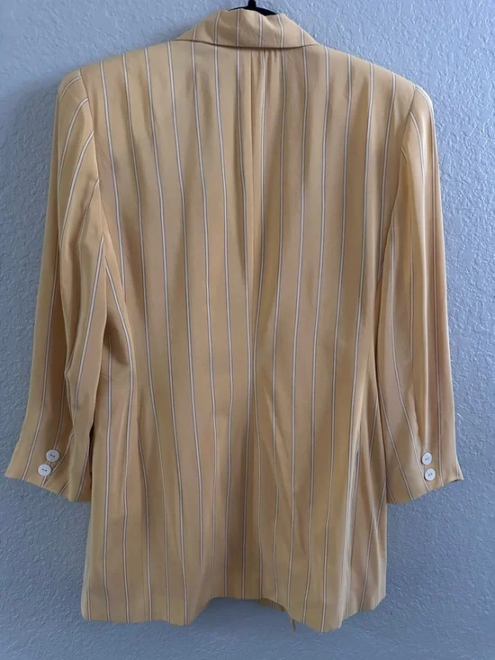 Vintage Ellen Tracy 100% Silk Blazer Yellow Pinstripe Double Breasted Size 10 - Picture 8 of 13